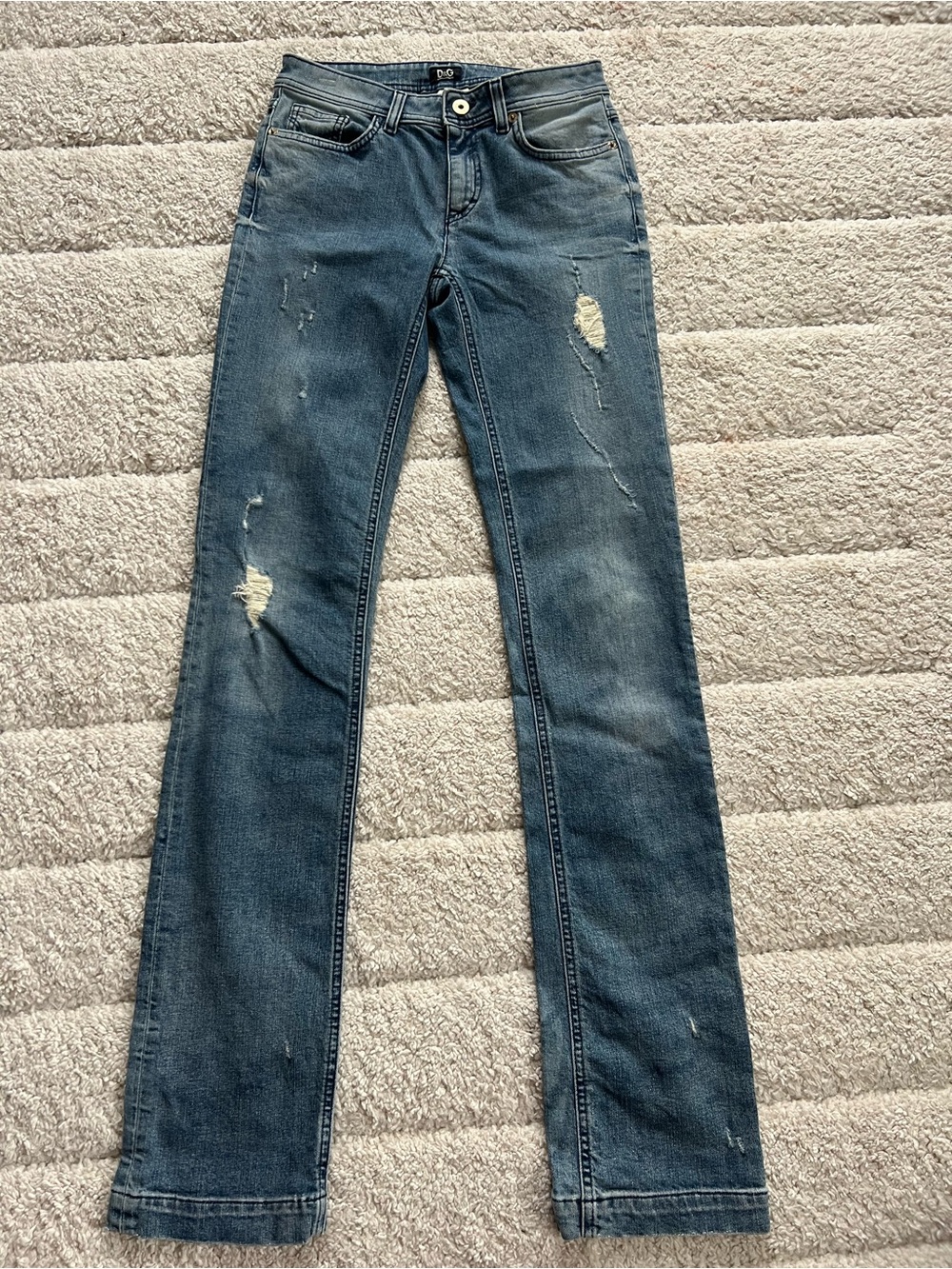 Vintage Y2K D&G Dolce & Gabbana Women's Blue Slim Straight Distressed Jeans